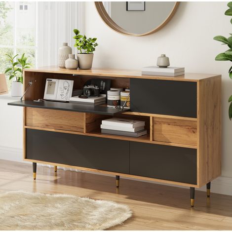 CHICFURN Aparador de comedor 140x40x84,5 cm en PB y MDF natural y negro, 2 cajones (1/5)
