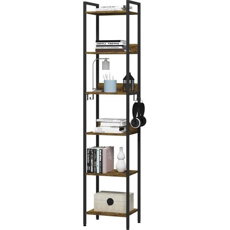 WOLTU Estantería de 6 niveles con 4 ganchos y estructura metálica (MDF) para salón, cocina y oficina – Negra (1/5)