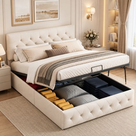 Lit Coffre 160x200 cm avec Sommier, Lit Double Adulte, Tête de Lit Capitonné Réglable, Cadre Métal et Lattes Bois, sans Matelas, Velours, beige (1/5)