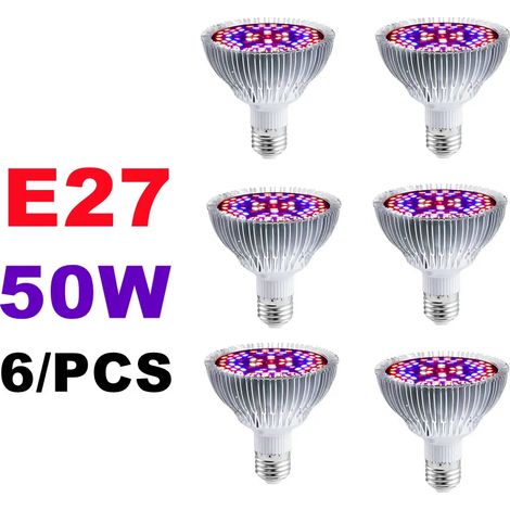 Lampes de croissance pour plantes Ampoule LED de croissance pour plantes (E27 50W, lot de 6 - 85-265 nm) - Spectre complet - Lampe horticole Fitolamp pour serres et cultures hydroponiques.