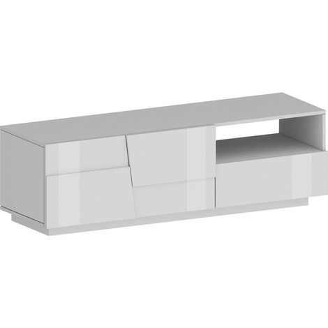 Dmora - Mobile porta TV Cecia, Credenza bassa da soggiorno con 2 ante e 1 cassetto, Base porta TV, 150x44h46 cm, Bianco lucido (1/5)
