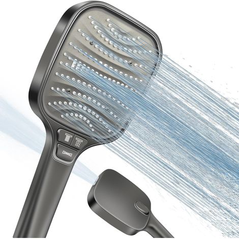 Pommeau de Douche Haute Pression Anti-Calcaire, 120mm Grand Pommeau Douche avec 8 Modes, Économie d'Eau, Compatible avec Tuyau Standard (Gris) (1/5)