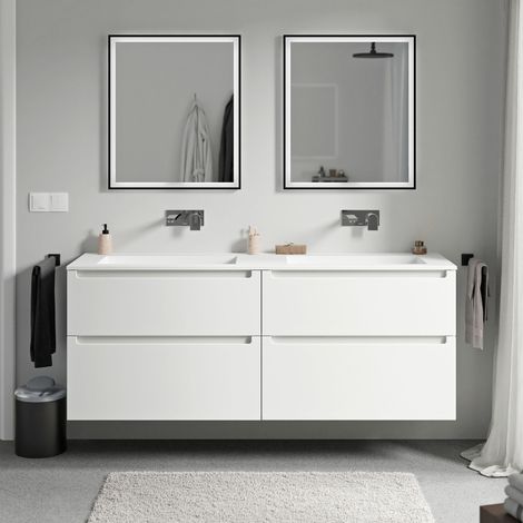 BERNSTEIN - Mueble lavabo doble suspendido MDF blanco mate, lavabos fundición blanco mate sin orificio grifería, caj. giratorios 160x46x62cm VIREO blanco mate, Blanco mate sin agujero para grifería