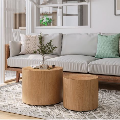 Table basse gigogne 48x38x32 cm bois naturel en MDF et bois massif avec plateau veinuré et design empilable (1/5)