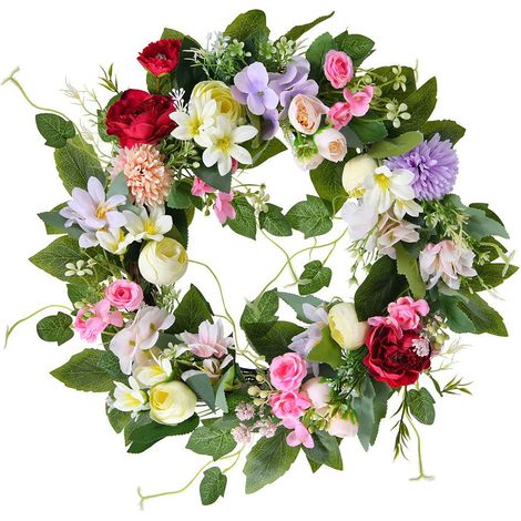 Couronne de printemps artificielle 40 cm, camélias et fleurs colorées avec feuillage vert, décoration de porte et fenêtre pour extérieur (1/5)