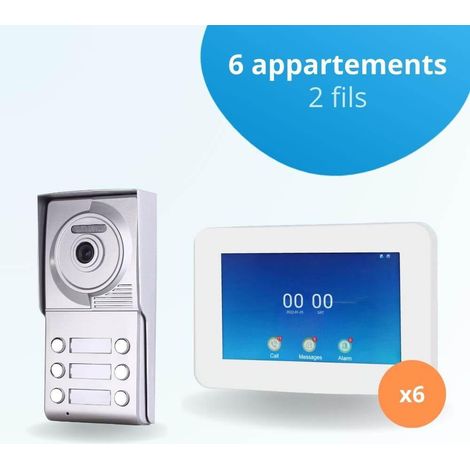 Portier interphone vidéo NEO 2 Fils - 6 appartements - 6 écrans tactiles connectés 7" blanc