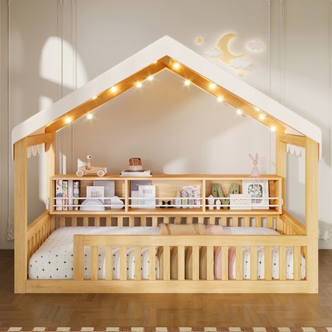 Lit cabine 90x200cm - maison + led + étagère + sécurité - bois - naturel (1/5)