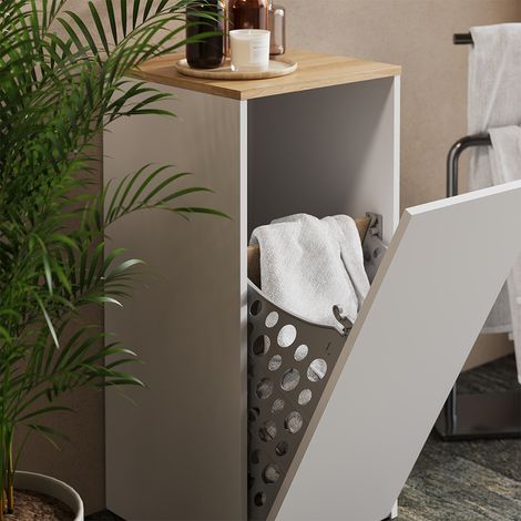 armadietto da bagno con portabiancheria Viktor, Bianco/Artisan, 40.2 x 88.2 cm con cesto portabiancheria, Vicco
