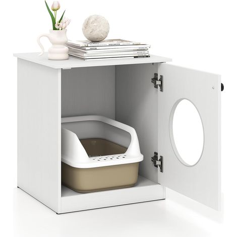 Costway – Meuble litière pour chat en bois – Bac à litière avec accès Ø 25 cm – Dimensions 51x47x57 cm – Coussinets antidérapants – Blanc (1/5)
