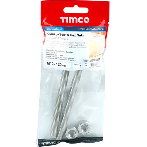 TIMCO Carriage Bolts DIN603 & Hex Full Nut DIN934 A2 Stainless Steel - M10 x 120