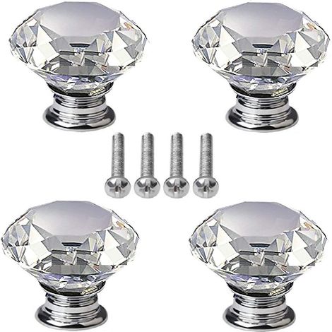 Bouton De Meuble Cristal - 40 mm - Base Chromée - Pour Tiroirs Armoires Étagères - Lot De 4