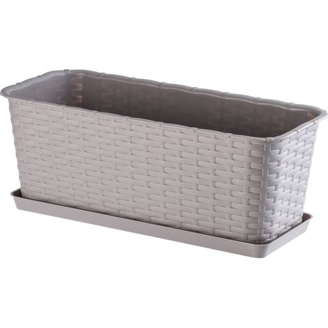 KADAX Jardinière Rectangulaire 40 cm, Balconnière en Plastique Aspect Rotin avec Soucoupe pour Embellir Votre Espace Extérieur (Caramel) (1/5)