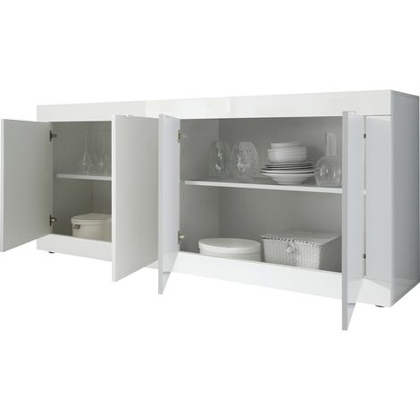 Credenza Poli, Madia 2 Ripiani, Apertura Battente Made in Italy, 4 Ante, 207x43x86h cm Bianco Lucido