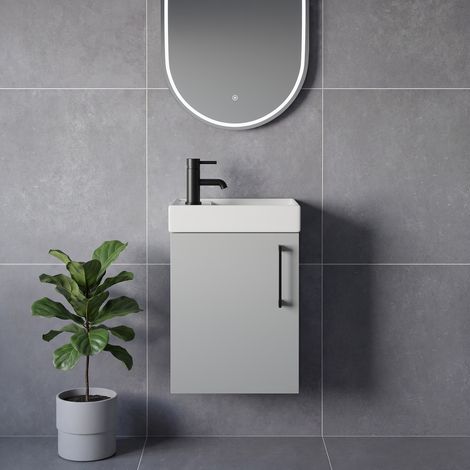 Napoli Cube Gloss Grey Pearl 400mm Wall Mounted Single Door Vanity Unit with Align Basin - 400mm - Matt Black 160mm Handle