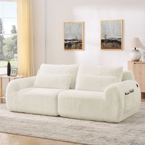 Canapé 2 places fausse fourrure beige avec ports USB et poche latérale, style cosy petit espace (1/5)