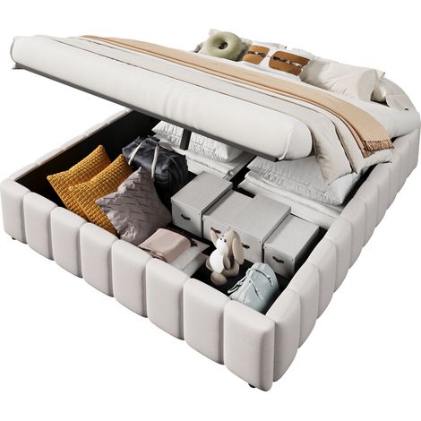 Lit coffre 140 x 200 cm en tissu beige, rangement hydraulique, sans tête de lit, sans matelas, design minimaliste pour chambre moderne gain de place  CHICFURN (1/5)