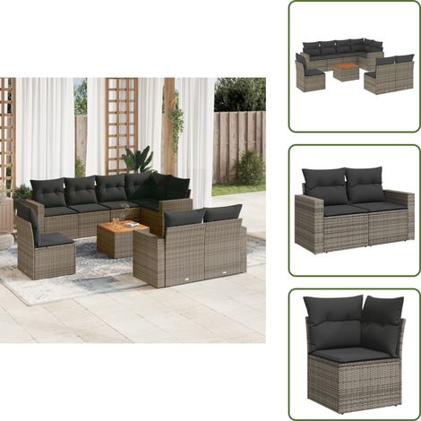 9-tlg. Garten-Sofagarnitur mit Kissen Grau Poly Rattan - Gartenmöbel Set - Esszimmergarnitur Outdoor - Lounge Möbel - Rattan Gartenmöbel - Wetterfeste Gartenmöbel (1/5)