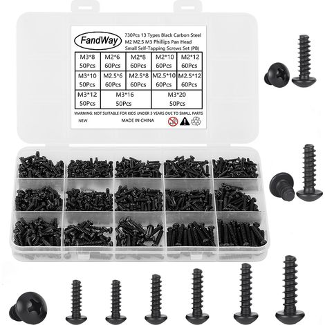 730 Pièces Vis a Autotaraudeuses Tête Ronde Cruciformes,M2 M2,5 M3 Petites Vis à Bois Tête Bombée en Acier Noir,Mini Tôle Autoperceuses EntièRement Fileté.Pour Meubles Métal Doux Plastique. (1/5)