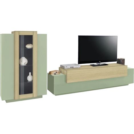Parete Attrezzata Soggiorno 280 cm Verde Salvia Rovere Porta TV Vetrina (1/4)