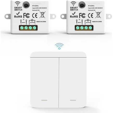RF433 Wire Pack with 2 Receivers and 1 Wall Switch, Wireless Lighting Switches with Transmitter and Receiver Controller, 10A 240V (1/4)