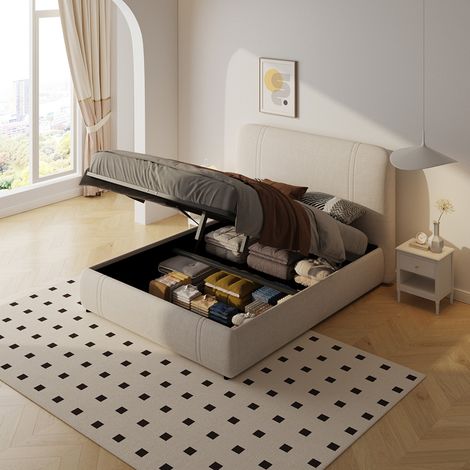 Lit avec coffre de rangement 140x190cm en velours beige MONTECITO (1/5)