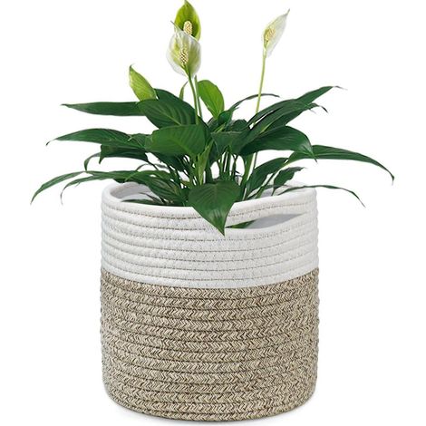 Pflanzkorb 20cm aus Baumwolle mit Einsatz, Aufbewahrungskorb für Zimmerpflanzen, Weiß/Khaki (1/5)