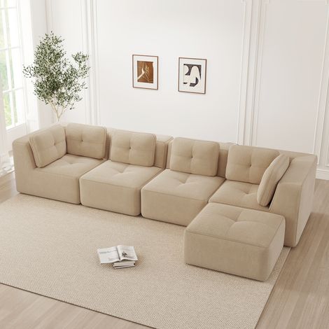 Canapé modulable 4 places beige velours côtelé assise profonde coussins moelleux antidérapant livré monté