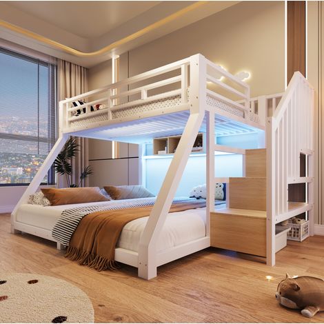 Letto a castello 90x200/140x200 cm con illuminazione a LED e contenitore, scaletta con 3 nicchie, struttura stabile, metallo bianco (1/5)