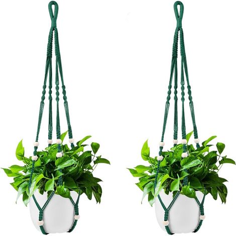 Deux paniers suspendus pour plantes d'intérieur en corde de coton vert foncé, de 85 cm chacun, avec des perles en bois mais sans crochets. (1/5)