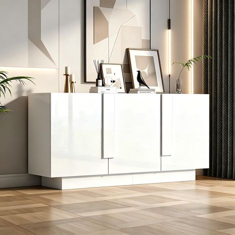 Buffet Bas 160 cm, Meuble de Rangement Laqué Brillant Moderne 3 Portes avec Étagères Réglables pour Séjour, Blanc (1/5)