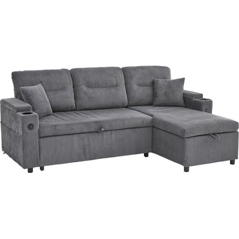 3-Sitzer-Eckschlafsofa aus grauem Cordvelours mit Stauraum, USB-C und Becherhaltern (1/5)