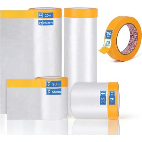 Rollen Abdeckplane mit Klebeband: 280 cm x 20 m x 1, 150 cm x 20 m x 1, 55 cm x 20 m x 2 Rollen Abdeckfolie und 1 Rolle Abdeckband 25 mm x 50 m