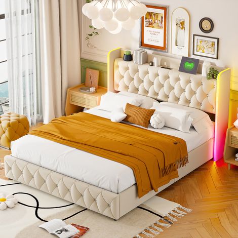 Lit capitonné 140 x 200 cm, LED et USB, lit à air comprimé, avec rangement et tête de lit, lattes de bois, flanelle, beige (livraison locale, garantie 2 ans) (1/5)