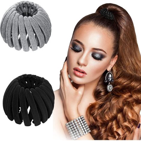 2 Pinces Cheveux Nid D'oiseau (noir + Gris), Support De Queue De Cheval, Pinces Queue De Cheval Tisses En Velours Pais Tisses La Crme, Grandes (1/5)