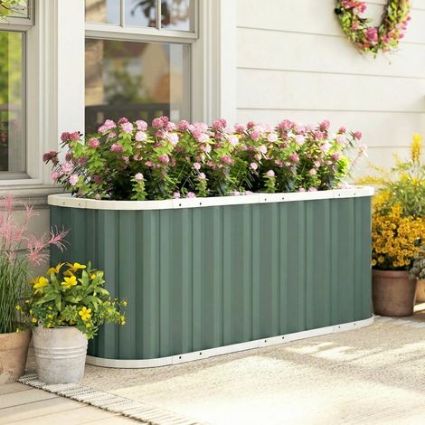 Huerto elevado cuadrado de metal de 136 x 53 x 61 cm – Jardinera profunda con guantes y etiquetas – Verde salvia (1/5)