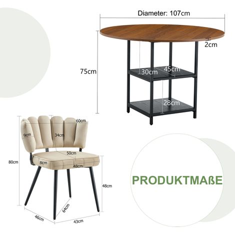 Conjunto de comedor redondo de 107 cm en nogal con 4 sillas de tela y doble estante (1/5)