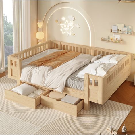Cama infantil con barrera protectora y cajones, 206x144x60 cm, madera maciza y MDF, color madera (1/5)