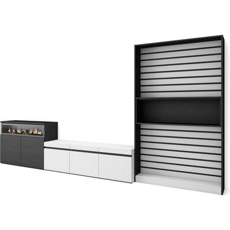 Skraut Home - Muebles de Salón para TV, Conjunto de muebles comedor, 360x186x35cm, Para TV hasta 65", Chimenea eléctrica, Estilo Moderno, Blanco y negro (1/5)