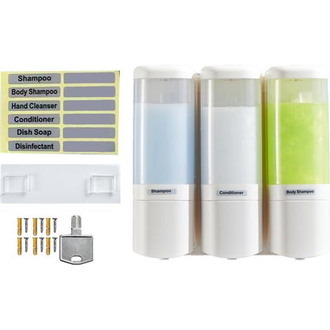 Distributeur de savon liquide mural à 3 compartiments, grande capacité (480 ml x 3), avec pompe anti-fuite et large ouverture. Couleur : blanc. (1/5)