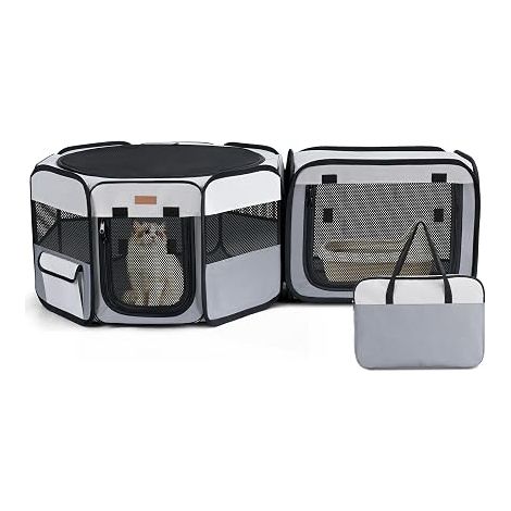 Enclos pour Chats, Parc Intérieur/Extérieur, Gris maille respirante et fond imperméable, pour chats, chiots et petits animaux (1/5)