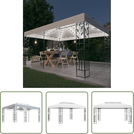 The Living Store Tonnelle avec double toit et lumières LED 3x4 m Blanc - Tente Extérieure - Abri Jardin - Tonnelle Décorative - Éclairage Solaire - Guirlande Lumineuse (1/5)