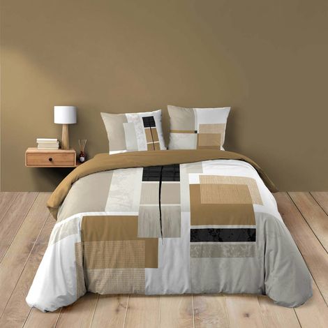 Parure de lit 3 pièces 260 x 240 cm QUADRO Miel – Imprimé géométrique (1/4)