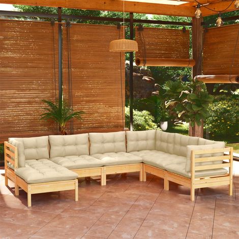 7-tlg. Garten-Lounge-Set mit Creme Kissen Massivholz Kiefer (1/5)