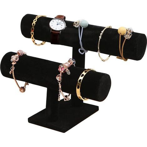 Présentoir à Bijoux en Velours Porte Bracelet, Support pour Collier, Montre Organisateur de Bijoux (Noir, 2 Couches) (1/5)