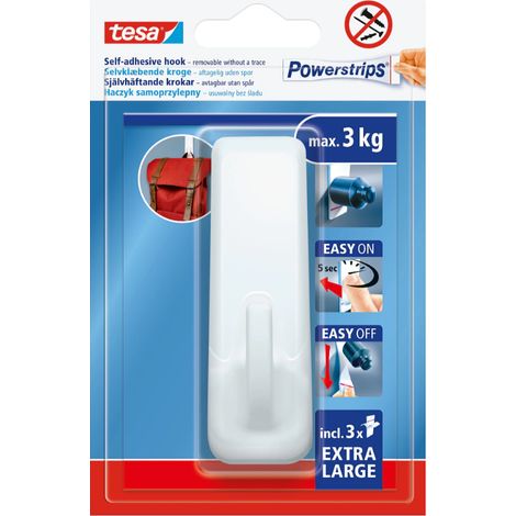 Crochet auto-adhésif TESA Hook, grand crochet rectangulaire blanc réutilisable, jusqu'à 3 kg