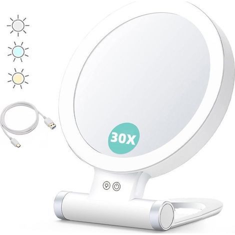 (Weißer) Vergrößerungsspiegel mit Beleuchtung, 30x/1x, doppelseitig, tragbarer Kosmetikspiegel, 3-farbige Beleuchtung, verstellbarer Touchscreen (1/5)