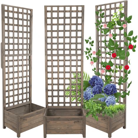 MODO24 Jardinière avec treillis pergola en pin, sur pieds, bac à fleurs 190x60x40 cm, jardin/balcon/terrasse, gris imprégné