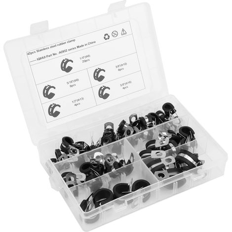 Kit de 42 colliers de serrage en inox type R, 5 dimensions: 1/4, 5/16, 3/8, 1/2 et 5/8 pouces, pour tuyaux et tubes (1/5)