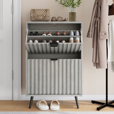 Meuble à chaussures 60 cm gris en MDF et panneaux de particules avec 2 tiroirs abattants et dispositif anti-basculement (1/5)