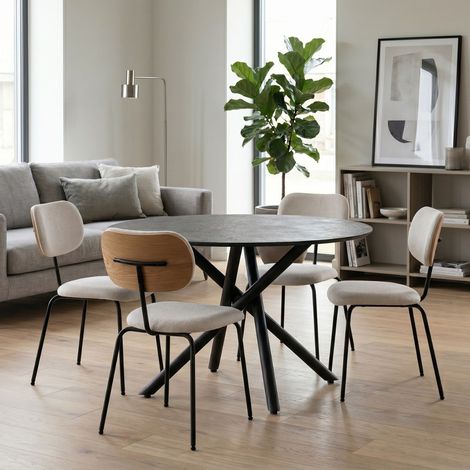 Table ronde design + 4 chaises tissu beige et métal noir - AMAEL (1/5)